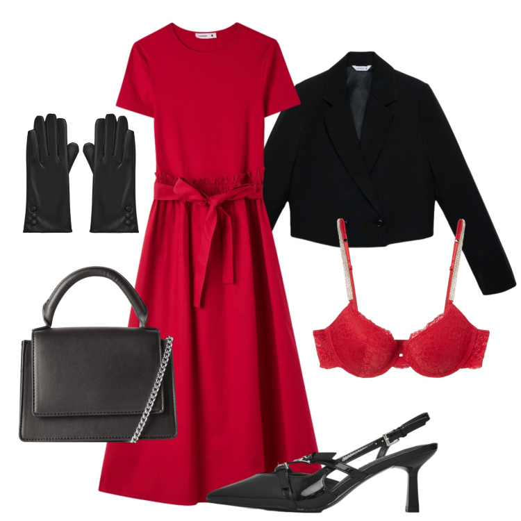 Outfit donna - Rosso romantico Terranova. Stile Romantica per Serata fuori. Abbinamento con vestiti lunghi, borse a tracolla, reggiseni a balconcino, guanti, décolleté, blazer.