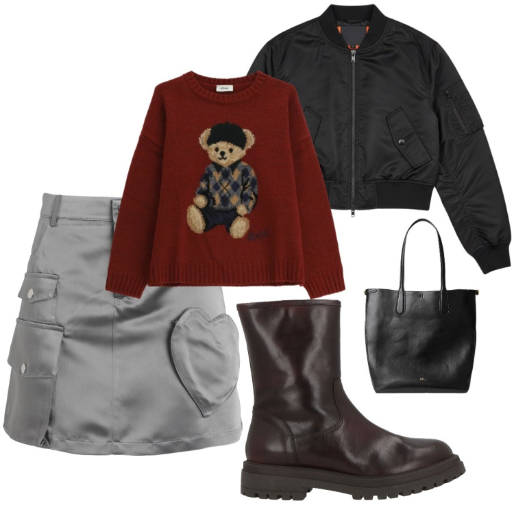 Outfit donna - Total look #2329433. Stile Urban per Tutti i giorni. Abbinamento con minigonne, stivaletti, maglieria, borse tote, bomber.