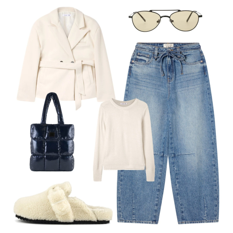 Outfit donna - Jeans baggy. Stile Urban per Tutti i giorni. Abbinamento con maglieria, jeans, blazer, occhiali da sole, shopping bag, sabot.