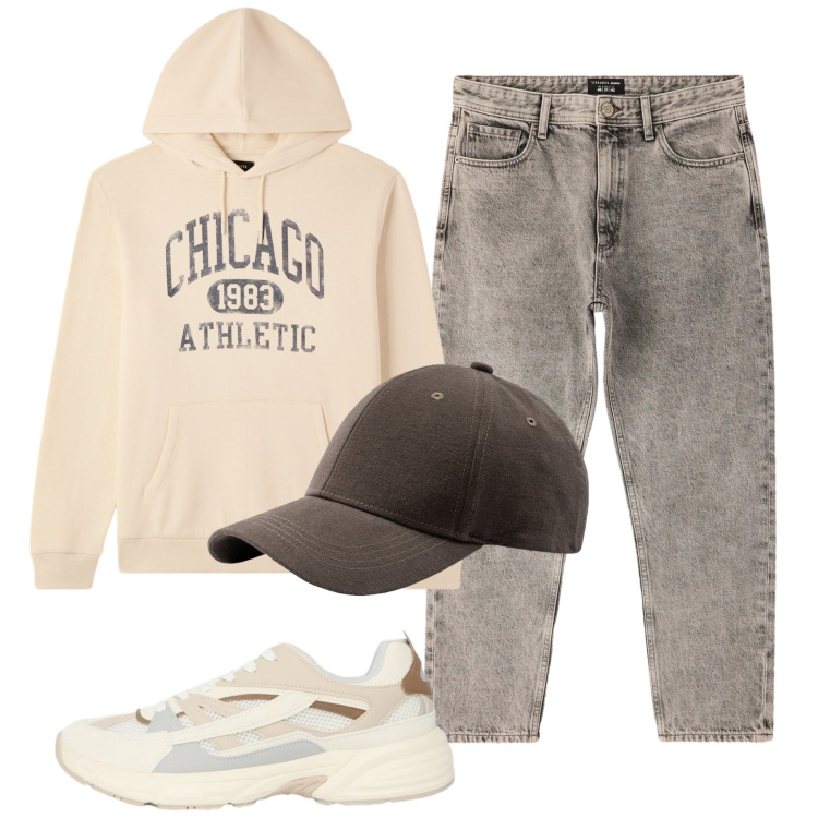 Outfit uomo - Chicago. Stile Casual per Tutti i giorni. Abbinamento con jeans dritti, felpe con cappuccio, sneakers, cappelli con visiera.