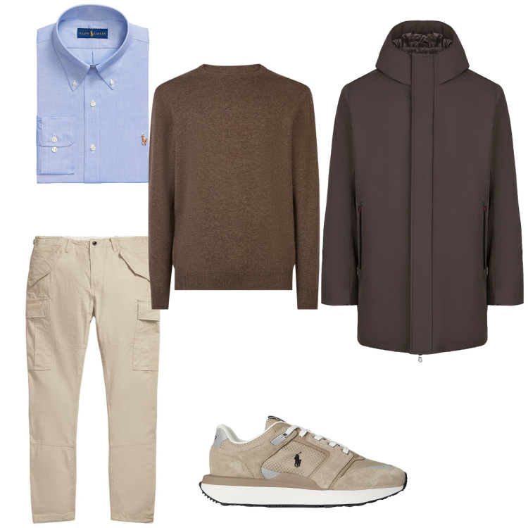 Outfit uomo - Total look #2329447. Stile Casual per Tutti i giorni. Abbinamento con maglieria, camicie, sneakers, pantaloni cargo, parka.