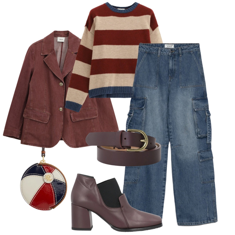 Outfit donna - Jeans cargo city time. Stile Casual per Tutti i giorni. Abbinamento con stivaletti, cinture, blazer, maglieria, jeans, pochette.