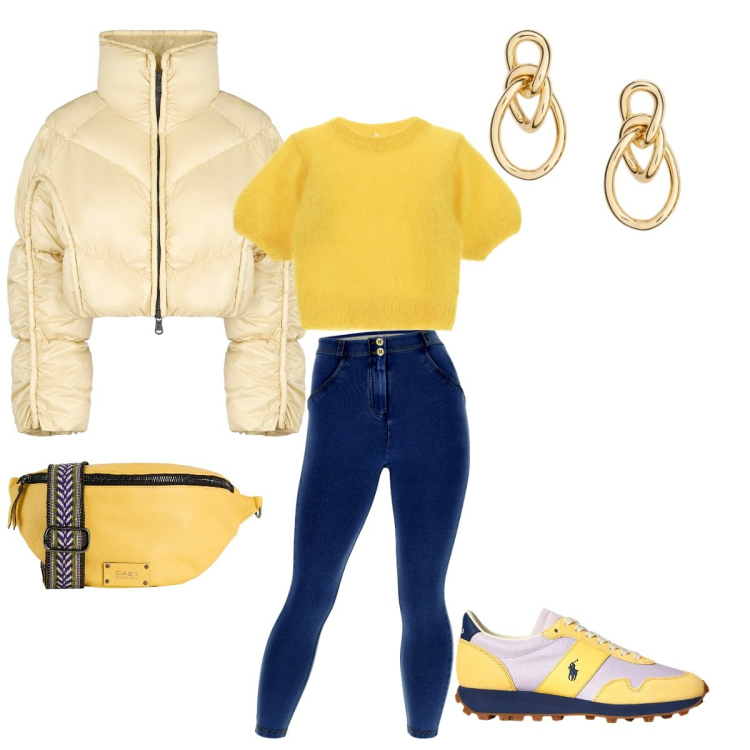 Outfit donna - Aspettando Carnevale. Stile Sporty chic per Tutti i giorni. Abbinamento con marsupi, t-shirt, jeggings, sneakers, orecchini, piumini.