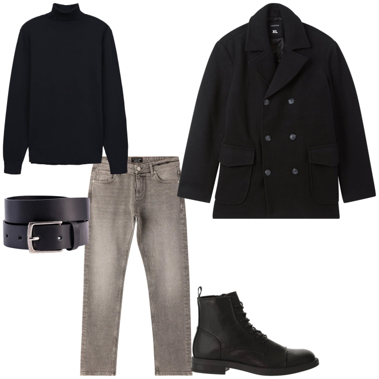 Outfit uomo - Total look #2329452. Stile Casual per Tutti i giorni. Abbinamento con jeans, maglieria, caban, anfibi, cinture.