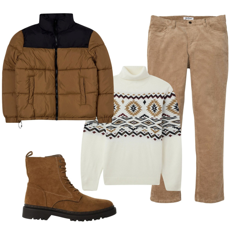 Outfit uomo - Giornata in montagna. Stile Casual per Tutti i giorni. Abbinamento con pantaloni, bomber, maglieria, anfibi.