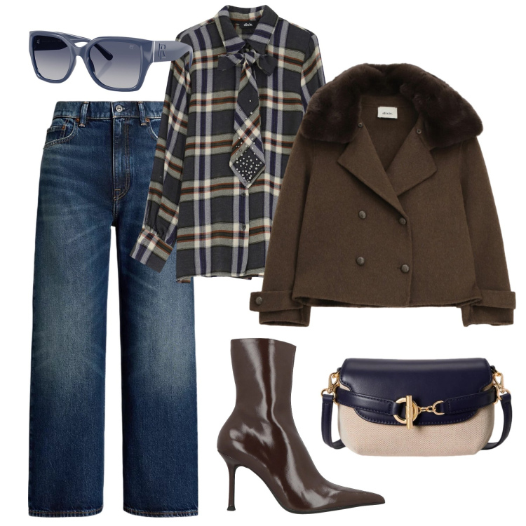 Outfit donna - Stilosa tutto il giorno. Stile Casual chic per Tutti i giorni. Abbinamento con stivaletti, blazer, camicie, jeans, occhiali da sole, borse a tracolla.