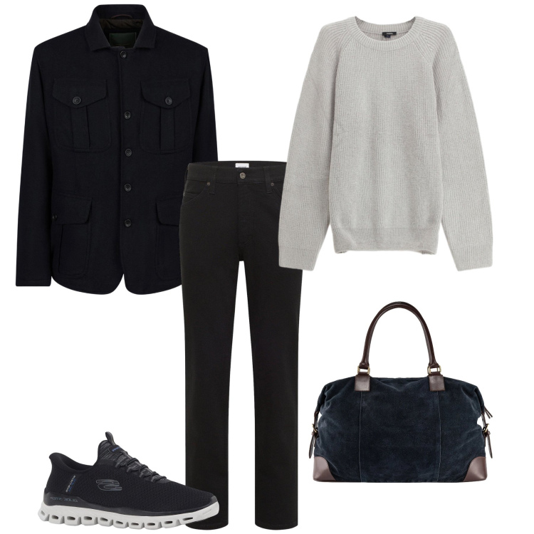 Outfit uomo - Total look #2329460. Stile Urban per Tutti i giorni. Abbinamento con sneakers, jeans dritti, maglieria, borse sportive, giacche.