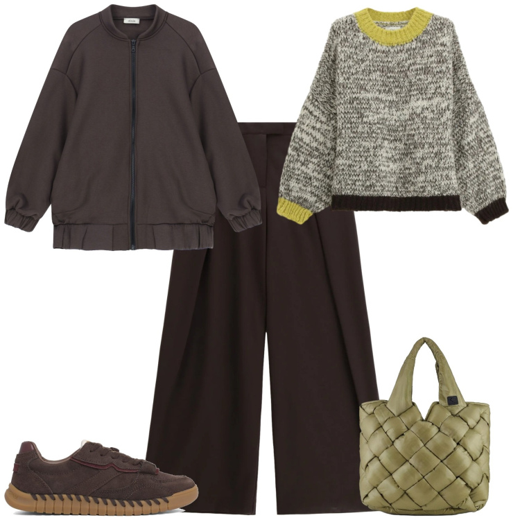 Outfit donna - Casual chic in ufficio tempo libero. Stile Casual chic per Tutti i giorni. Abbinamento con pantaloni a palazzo, bomber, maglieria, borse tote, sneakers.