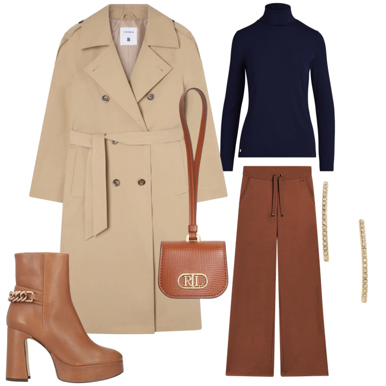 Outfit donna - Blue Navy & Sand Chicness. Stile Urban per Tutti i giorni. Abbinamento con stivaletti, trench, pantaloni, vestiti, orecchini, pochette.