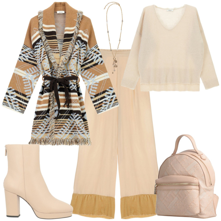 Outfit donna - Ogni giorno boho. Stile Boho per Tutti i giorni. Abbinamento con zaini, stivaletti, cardigans, pantaloni a palazzo, maglieria, ciondoli.