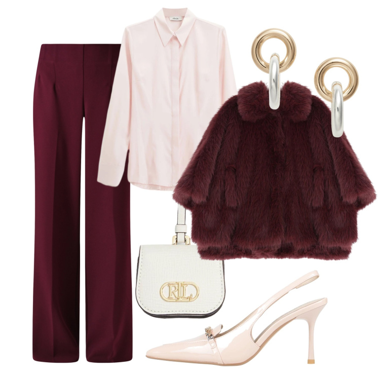 Outfit donna - Eleganza borgogna e rosa. Stile Chic per Serata fuori. Abbinamento con décolleté, blazer, pantaloni a palazzo, camicie, orecchini, pochette.