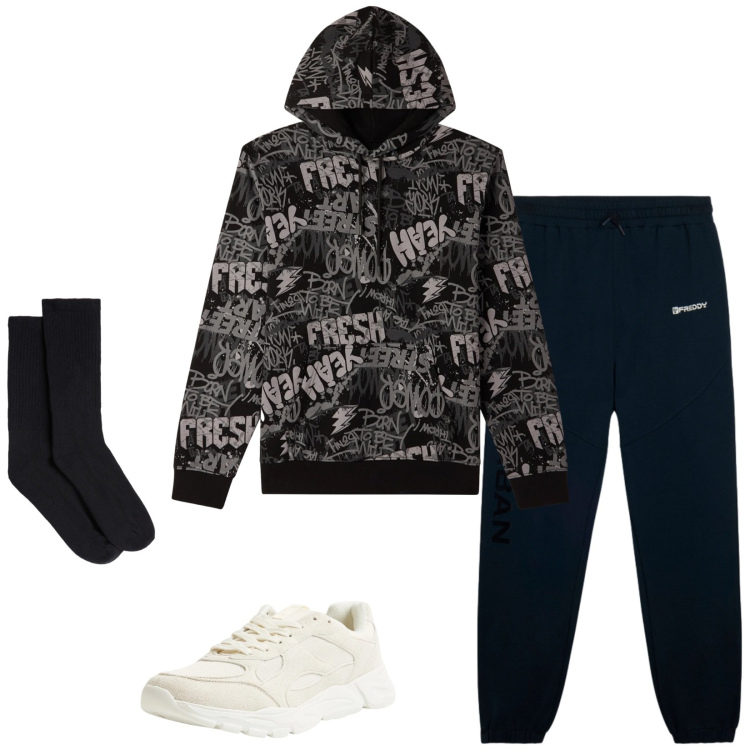 Outfit uomo - Total look #2329466. Stile Casual per Sport. Abbinamento con sneakers, felpe con cappuccio, pantaloni, calzini.