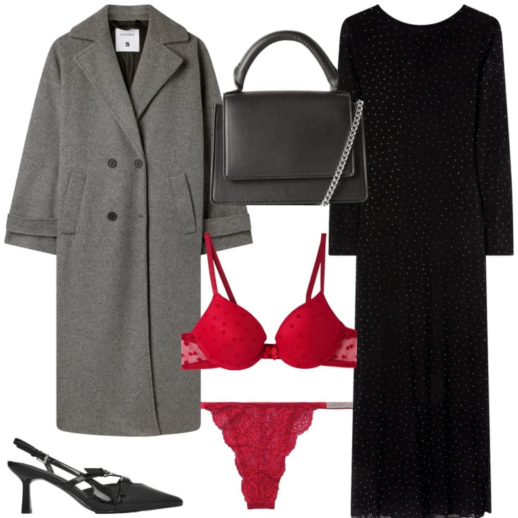 Outfit donna - Inaspettata. Stile Sexy per Serata fuori. Abbinamento con culotte, décolleté, borse a tracolla, cappotti, vestiti lunghi, reggiseni push-up.