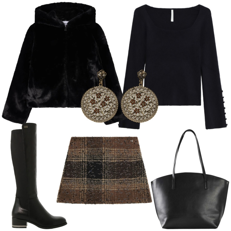 Outfit donna - Total look #2329468. Stile Chic per Tutti i giorni. Abbinamento con shopping bag, stivali sopra il ginocchio, maglieria, minigonne, orecchini, ecopellicce.