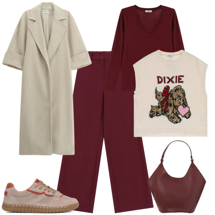 Outfit donna - Casual chic ufficio tempo libero. Stile Casual chic per Tutti i giorni. Abbinamento con pantaloni a palazzo, t-shirt, borse a spalla, cappotti, maglieria, sneakers.
