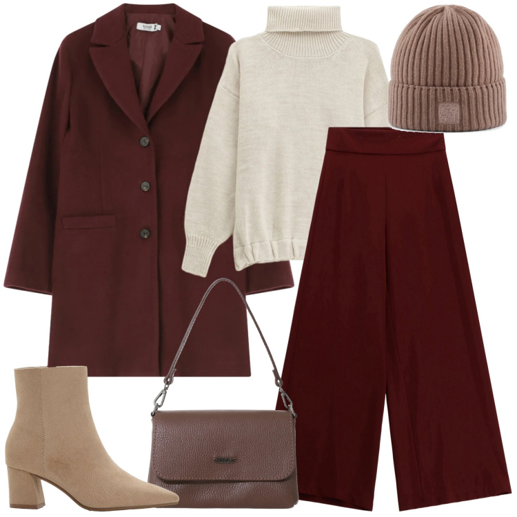 Outfit donna - Total look #2329474. Stile Urban per Ufficio. Abbinamento con stivaletti, borse a tracolla, pantaloni a palazzo, cappotti, maglieria, berretti.