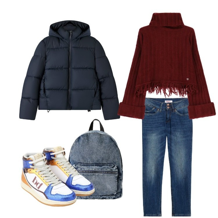Outfit donna - A scuola. Stile Basic per Scuola/Università. Abbinamento con jeans mom, sneakers alte, zaini, bomber, maglieria.