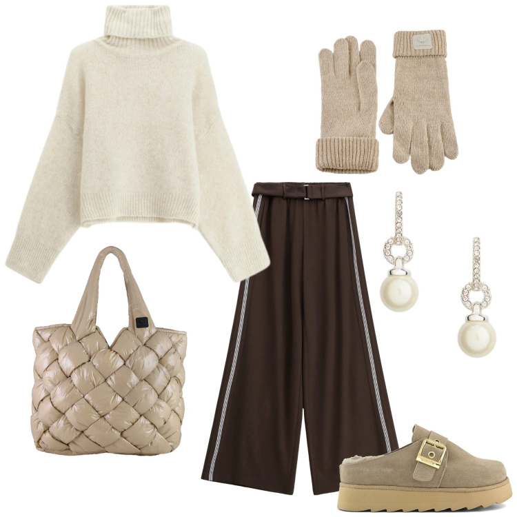 Outfit donna - Total look #2329478. Stile Romantica per Tutti i giorni. Abbinamento con pantaloni a palazzo, maglieria, orecchini, guanti, borse tote, sabot.