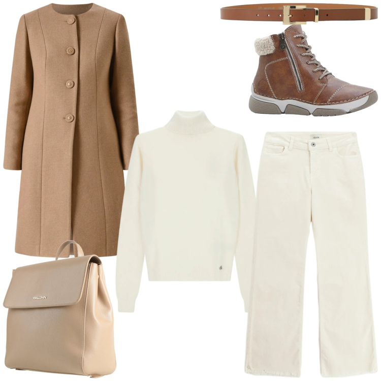 Outfit donna - Old Money style Winter edition. Stile Casual chic per Tutti i giorni. Abbinamento con stivaletti, zaini, cinture, maglieria, pantaloni, cappotti.