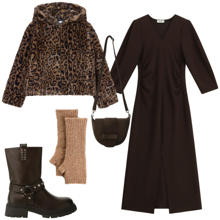 Outfit donna - Sporty chic ufficio tempo libero. Stile Sporty chic per Tutti i giorni. Abbinamento con guanti, stivali, borse a tracolla, vestiti midi/longuette, ecopellicce.