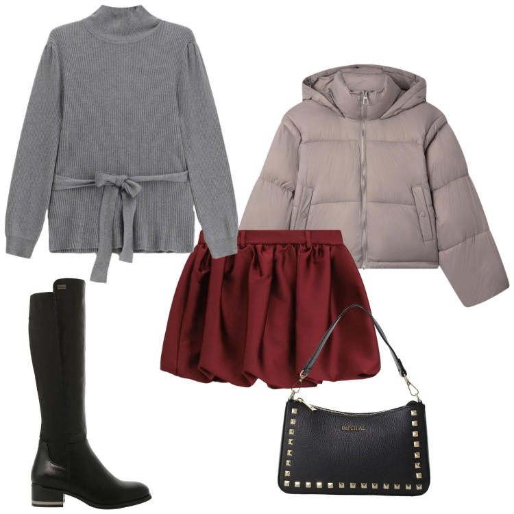 Outfit donna - Total look #2329482. Stile Trendy per Serata fuori. Abbinamento con bomber, stivali sopra il ginocchio, maglieria, pochette, minigonne.