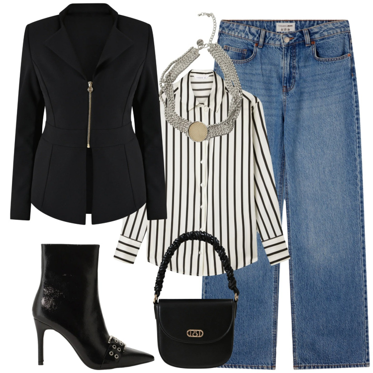 Outfit donna - Perfetta in jeans. Stile Chic per Tutti i giorni. Abbinamento con stivaletti, collane, camicie, jeans, blazer, borse a mano.