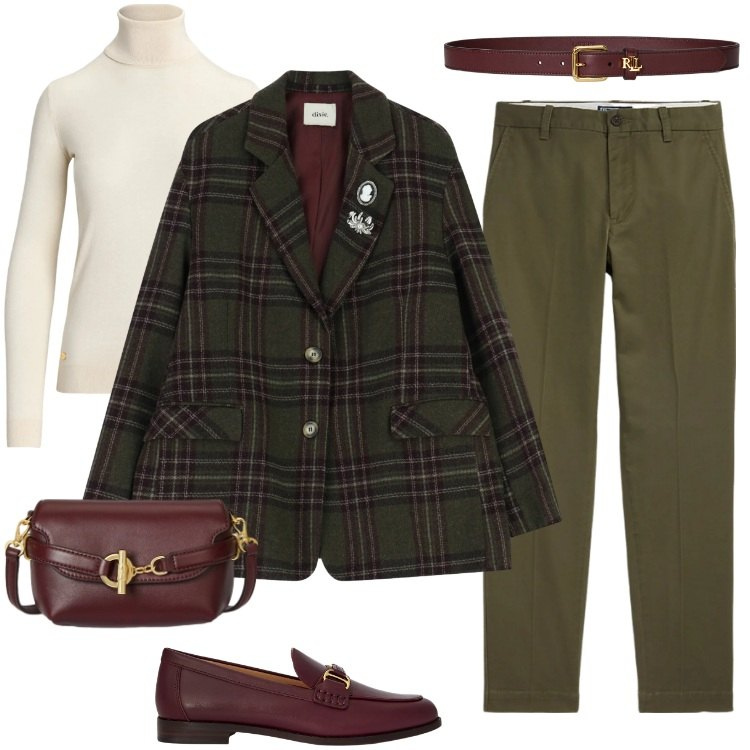 Outfit donna - Total look #2329486. Stile Casual per Ufficio. Abbinamento con blazer, pantaloni chino, mocassini, borse a tracolla, cinture, maglieria.