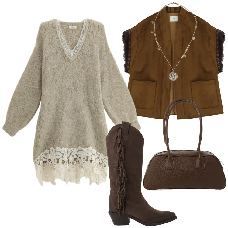 Outfit donna - Total look #2329488. Stile Trendy per Serata fuori. Abbinamento con vestiti corti, borse a mano, gilet, stivali, ciondoli.