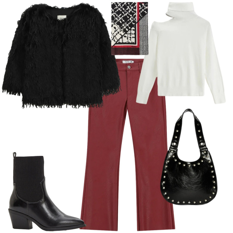 Outfit donna - Chic rock nero bianco rosso. Stile Vintage retrò per Tutti i giorni. Abbinamento con stivaletti texani, maglieria, blazer, pantaloni, borse a spalla, sciarpe.