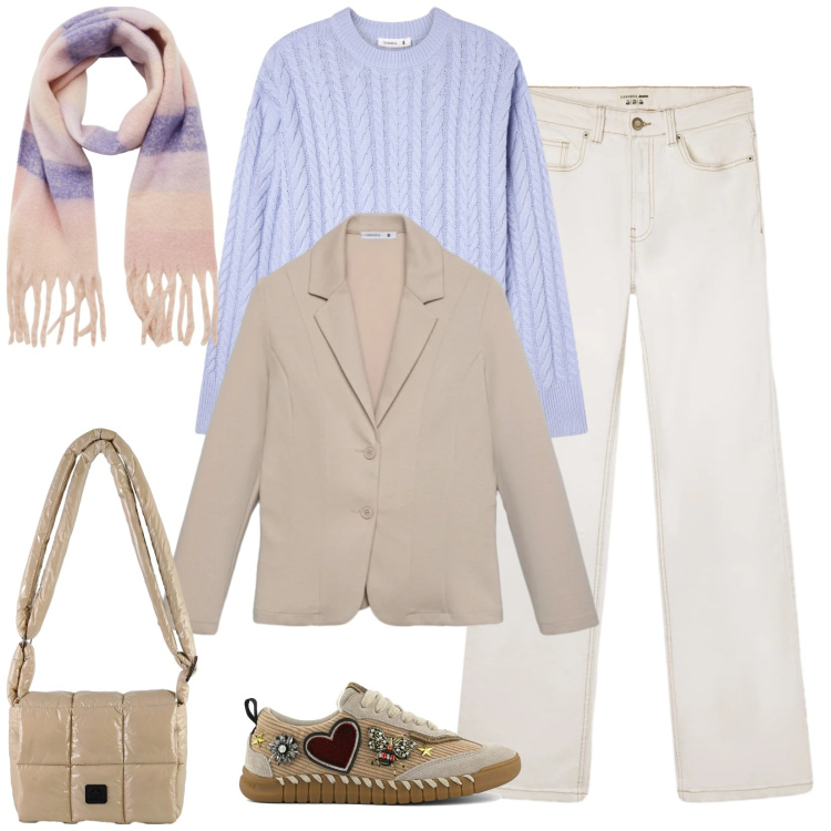 Outfit donna - Total look #2329491. Stile Casual per Tutti i giorni. Abbinamento con maglieria, sciarpe, jeans bootcut, blazer, borse a spalla, sneakers.