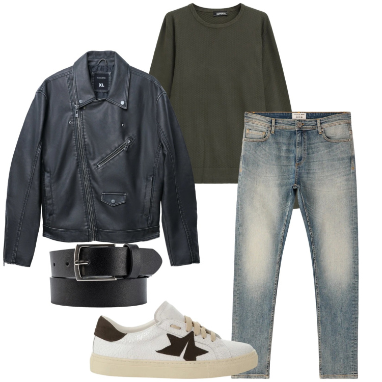 Outfit uomo - Total look #2329493. Stile Urban per Tutti i giorni. Abbinamento con jeans skinny, giacche, maglieria, sneakers, cinture.