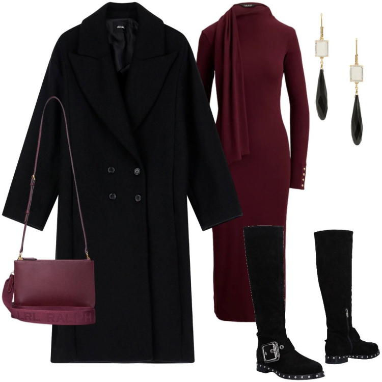 Outfit donna - Love It fashion. Stile Chic per Serata fuori. Abbinamento con stivali, cappotti, vestiti, orecchini, borse a tracolla.