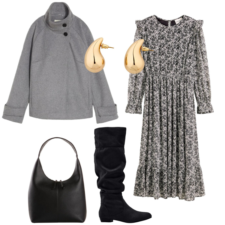 Outfit donna - Total look #2329498. Stile Romantica per Ufficio. Abbinamento con stivali, orecchini, shopping bag, blazer, vestiti midi/longuette.