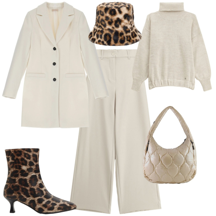 Outfit donna - Chic passeggiata in centro. Stile Chic per Tutti i giorni. Abbinamento con stivaletti, pantaloni a palazzo, cappotti, maglieria, borse tote, cappelli.