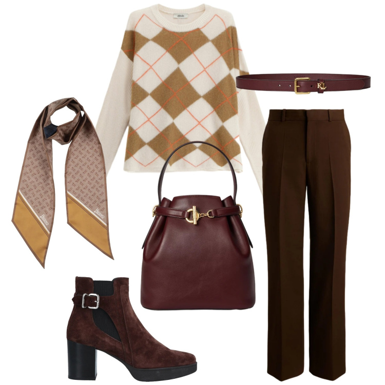 Outfit donna - Total look #2329502. Stile Chic per Ufficio. Abbinamento con stivaletti chelsea, sciarpe, maglieria, pantaloni, borse a secchiello, cinture.