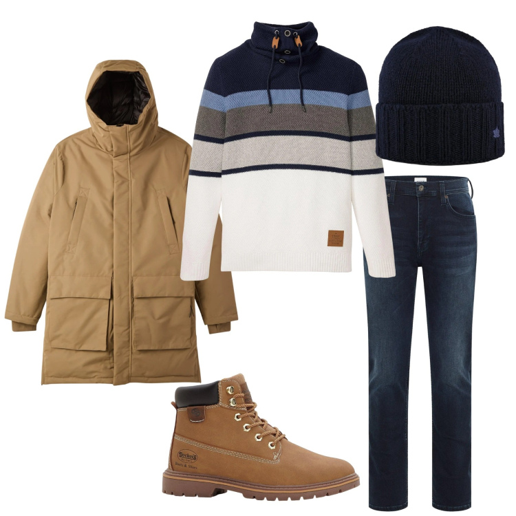 Outfit uomo - Total look #2329505. Stile Urban per Tutti i giorni. Abbinamento con maglieria, jeans slim fit, stivali e stivaletti, parka, cappelli.