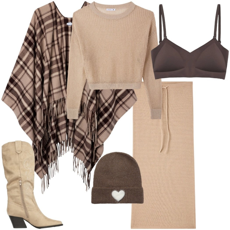 Outfit donna - San Valentino Terranova. Stile Casual chic per Serata fuori. Abbinamento con cappotti, maglieria, gonne lunghe, reggiseni, berretti, stivali.
