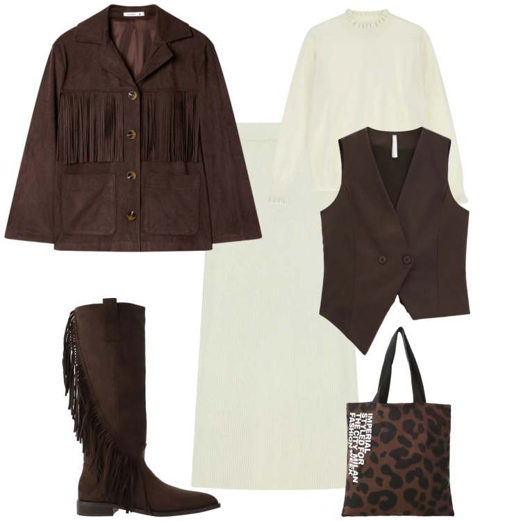 Outfit donna - Sporty chic ogni giorno. Stile Sporty chic per Tutti i giorni. Abbinamento con gilet, stivali sopra il ginocchio, shopping bag, maglieria, gonne lunghe, cappotti.