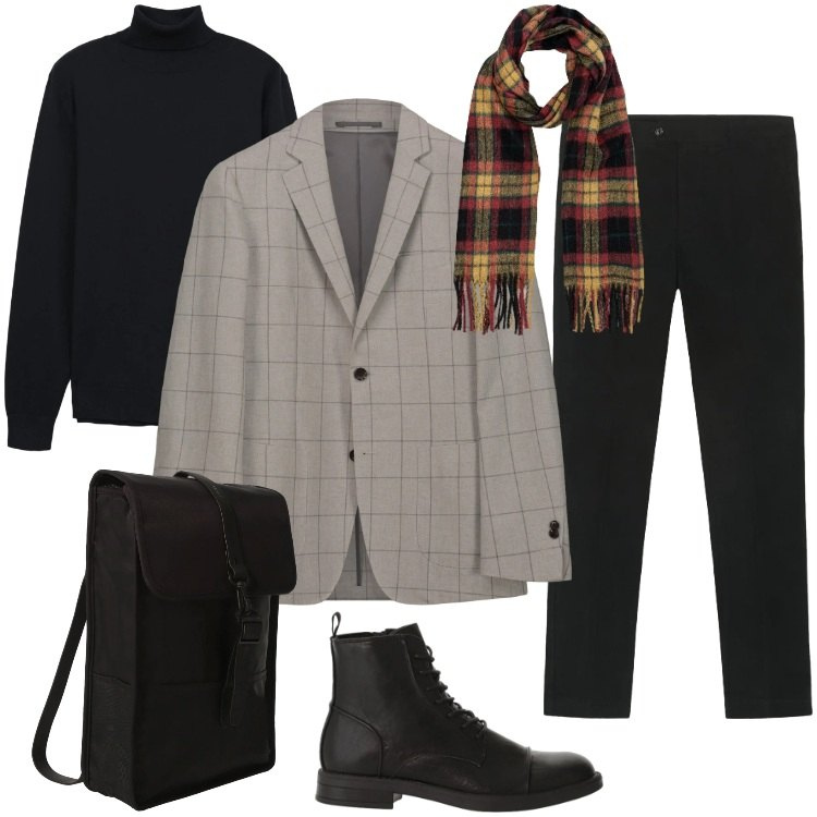 Outfit uomo - Total look #2329516. Stile Trendy per Ufficio. Abbinamento con maglieria, borse sportive, anfibi, giacche, pantaloni chino, sciarpe.