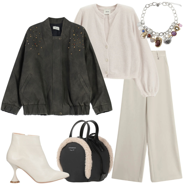 Outfit donna - Bianco avorio. Stile Casual chic per Tutti i giorni. Abbinamento con zaini, stivaletti, bomber, pantaloni a palazzo, braccialetti con ciondoli, cardigans.