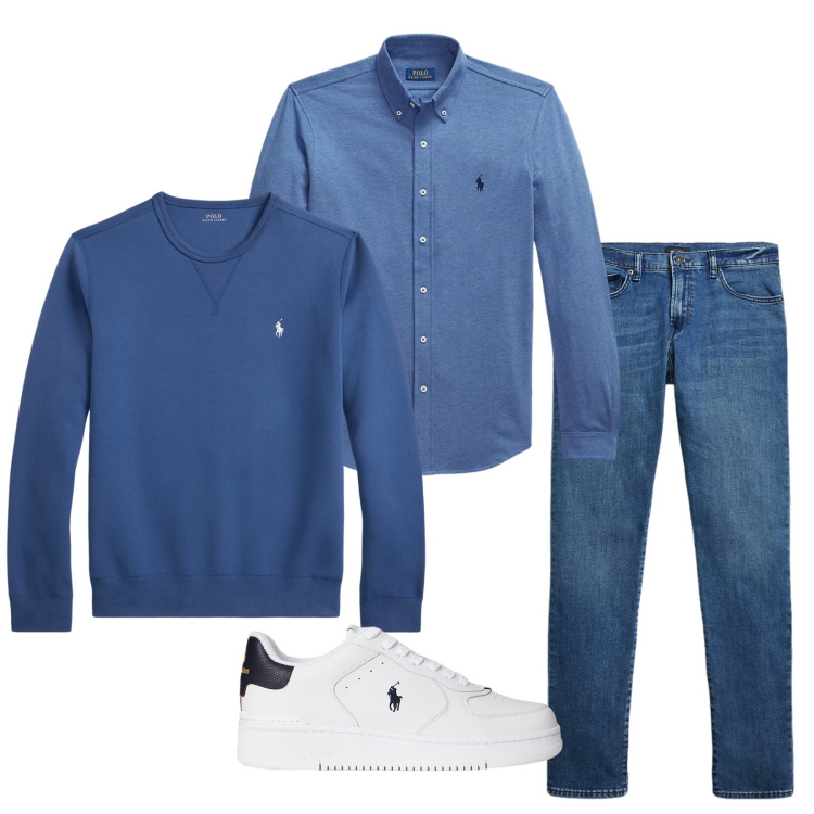 Outfit uomo - Total blue. Stile Casual per Tutti i giorni. Abbinamento con camicie, jeans, sneakers, felpe.