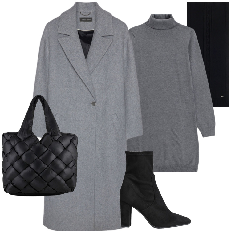 Outfit donna - In ufficio. Stile Basic per Ufficio. Abbinamento con stivaletti, vestiti corti, sciarpe, borse tote, cappotti.