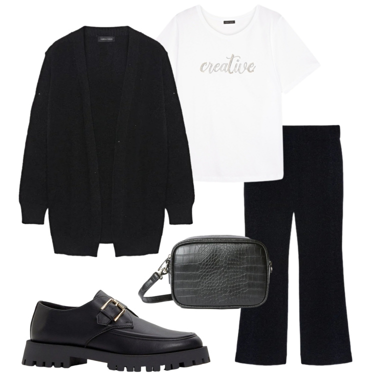 Outfit donna - Fiorella Rubino. Stile Casual chic per Tutti i giorni. Abbinamento con mocassini, cardigans, pantaloni, t-shirt, borse a tracolla.