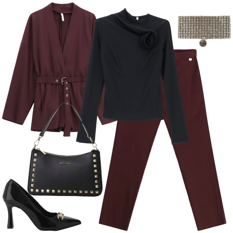Outfit donna - Imperial. Stile Chic per Serata fuori. Abbinamento con t-shirt, pochette, décolleté, pantaloni, blazer, braccialetti.