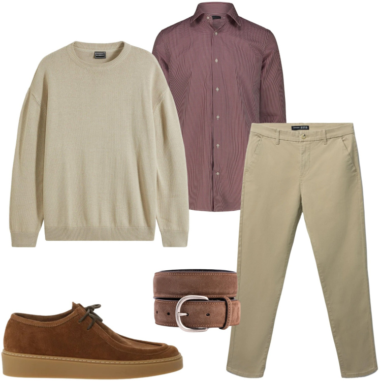 Outfit uomo - In ufficio. Stile Casual per Ufficio. Abbinamento con maglieria, pantaloni chino, scarpe stringate, camicie, cinture.