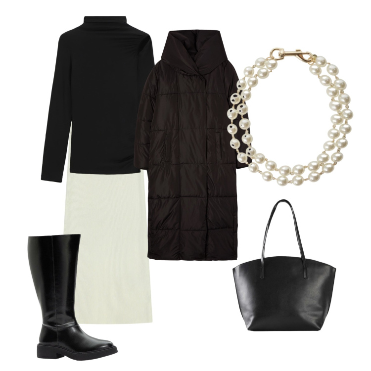 Outfit donna - La gonna in maglia. Stile Casual chic per Ufficio. Abbinamento con shopping bag, stivali, cappotti, pullovers, braccialetti, gonne lunghe.