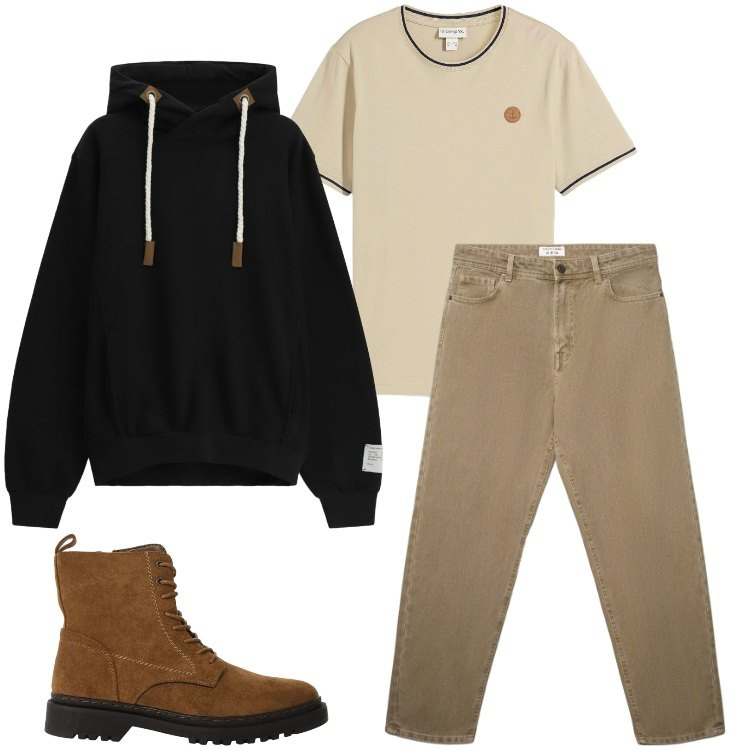 Outfit uomo - Total look #2329532. Stile Trendy per Tutti i giorni. Abbinamento con t-shirt, jeans, felpe con cappuccio, anfibi.