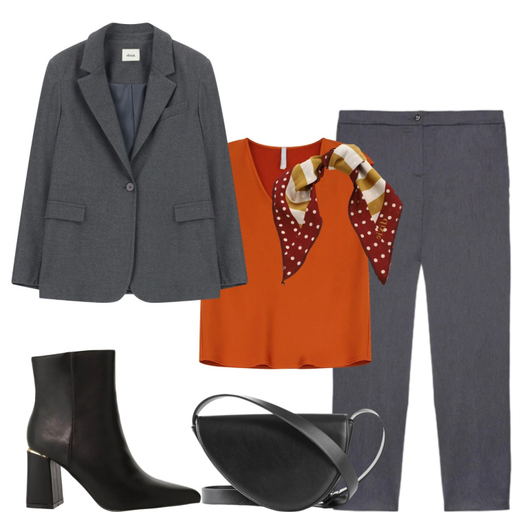 Outfit donna - Total look #2329533. Stile Chic per Ufficio. Abbinamento con borse a tracolla, top, stivaletti, blazer, foulard, pantaloni chino.