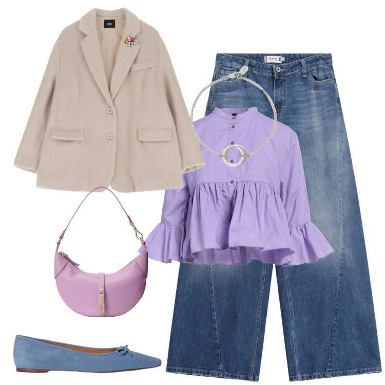 Outfit donna - Total look #2329535. Stile Casual chic per Tutti i giorni. Abbinamento con camicie, blazer, jeans, braccialetti, borse a spalla, ballerine.