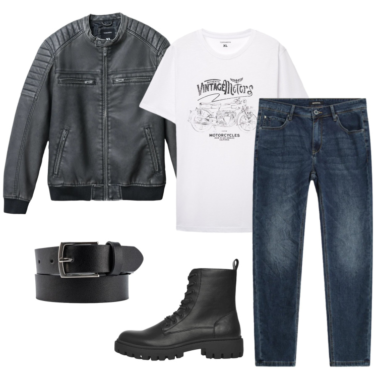 Outfit uomo - Total look #2329536. Stile Biker Rock per Tutti i giorni. Abbinamento con anfibi, giacche, t-shirt, jeans slim fit, cinture.